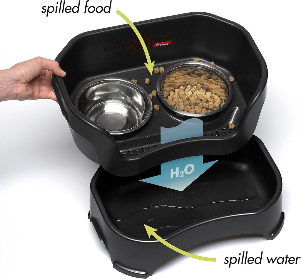 Neater Feeder Deluxe Mess Proof Dog Bowls Elevated Medium Sized Dogs (19-40 lbs) Made in USA, No Spill Raised Dog Food Bowl Stand w/Leg Extension, Stainless Steel Food and Water Bowl Set, Black