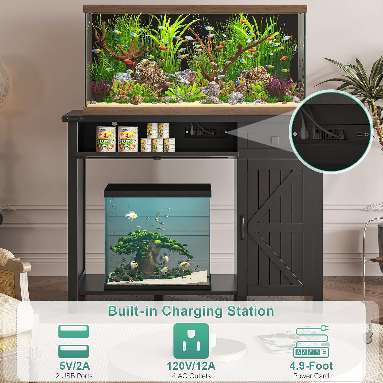 40 Gallon Aquarium Stand With Charging Station, Farmhouse Fish Tank Stand, Reptile Tank Stand Terrarium Stand with Drawer and Cabinet Storage, Sturdy Heavy Duty 41.9"×18.3" Tabletop - Black