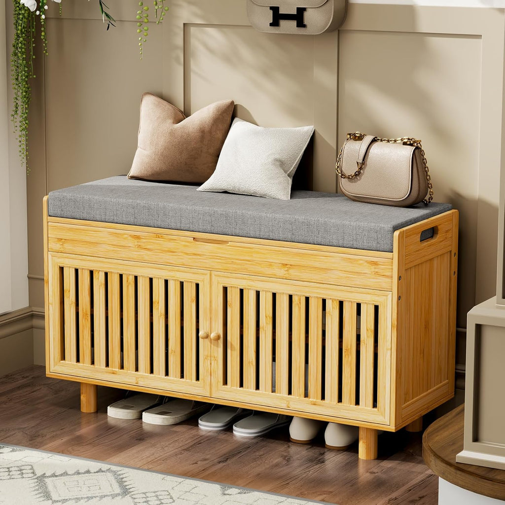 Shoe Storage Bench, Bamboo Entryway Bench with 2 Doors & Padded Seat Cushion, 35.4" W x 12.6" D x 19.7" H, 2-Tier Shoe Rack with Lift Top Hidden Storage, for Entryway, Living Room, Bedroom, Natural