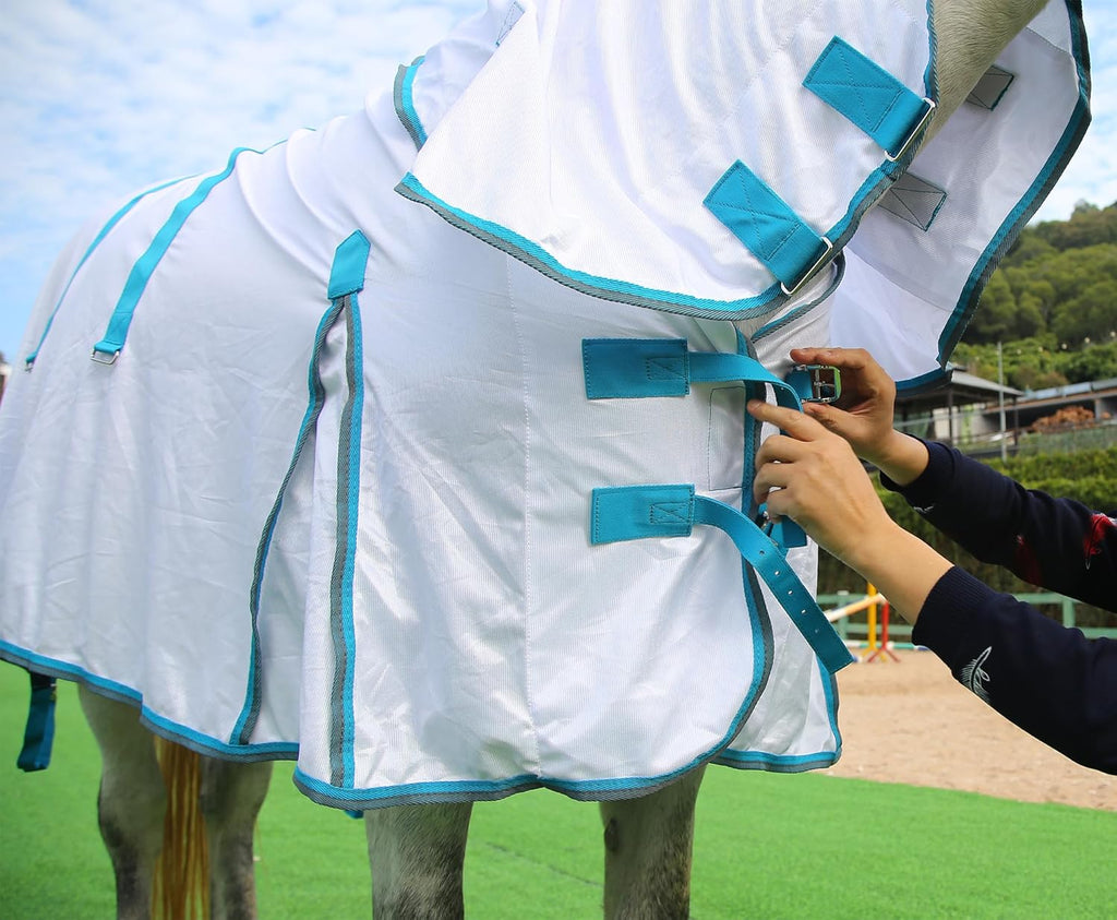 Horse Fly Sheet with Detachable Neck Cover & Belly Wrap, Adjustable Fly Sheet for Horses, Ventilated Airflow Mesh Equine Cooling Summer Flysheet White 66