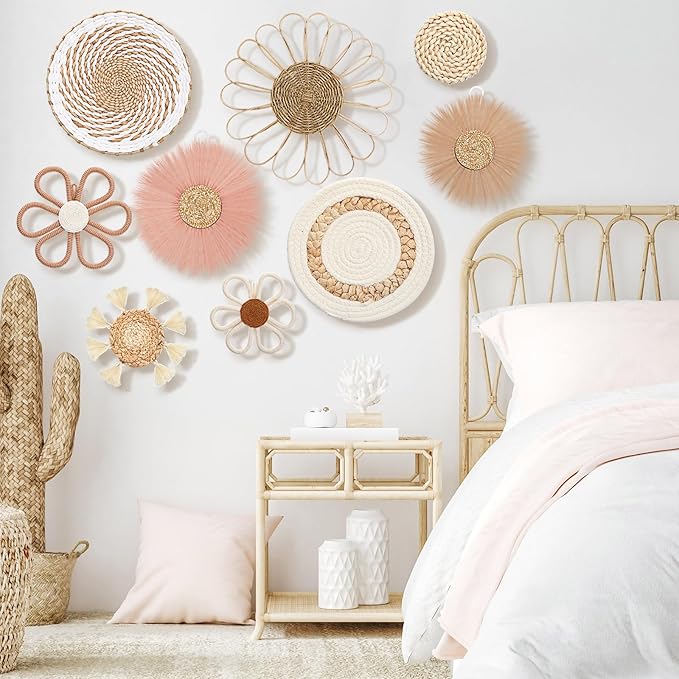 Chunful 9 Pcs Boho Nursery Wall Decor Daisy Flower Woven Macrame Seagrass Rattan Basket Wall Hanging Bohemian Decorations Gifts for Home Dorm Art Farmhouse Bedrooms Living Room(Pink Brown)