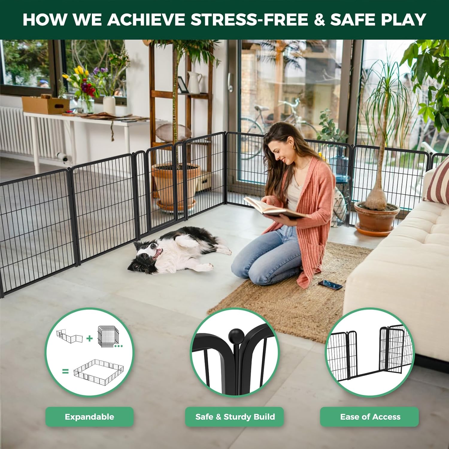 FXW Homeplus Unleashed Indoor Dog Playpen - Stress-Free and Safe Play, Heavy Duty 32 Inch 8 Wire Panels Dog Pen for Small and Medium Dogs, Black│Patented