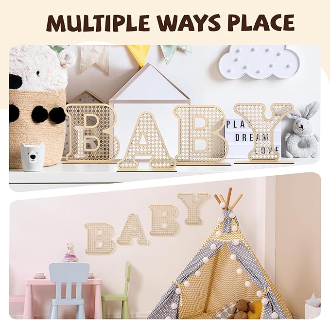4 Pcs Rattan Wood Baby Letters - Boho Nursery Decor for Baby Shower | Rustic Alphabet Letter Home Decoration for Newborns & Birthday Gifts | Perfect Table Centerpiece for Toddler Girls & Boys