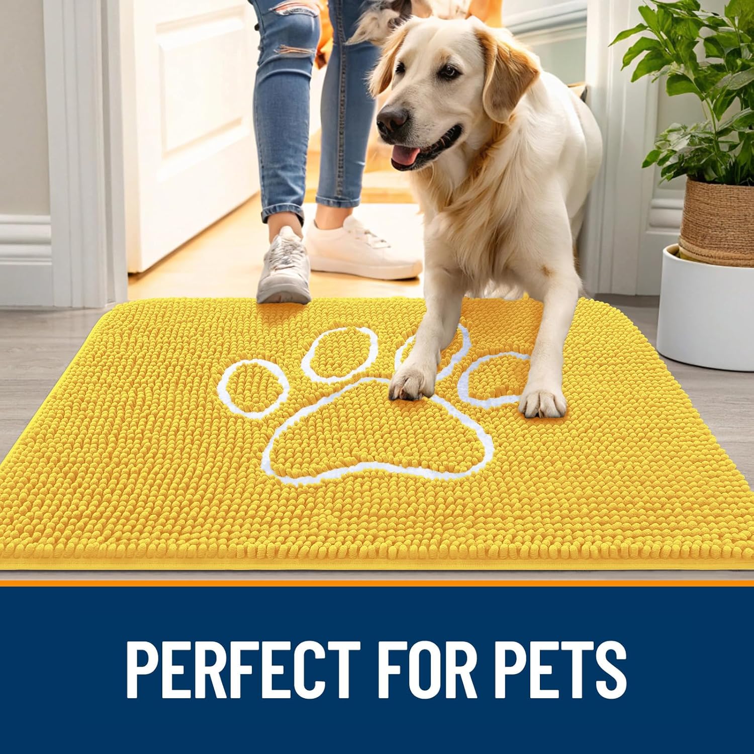 OLANLY Door Mat for Muddy Dog Paws 48x30, Ultra Absorbent Chenille Mud Doormat with Paw Print Design, Non-Slip Washable Doormat for Indoor Entryway, Quick-Dry Pet Bed Mats for Dirty Dogs, Yellow