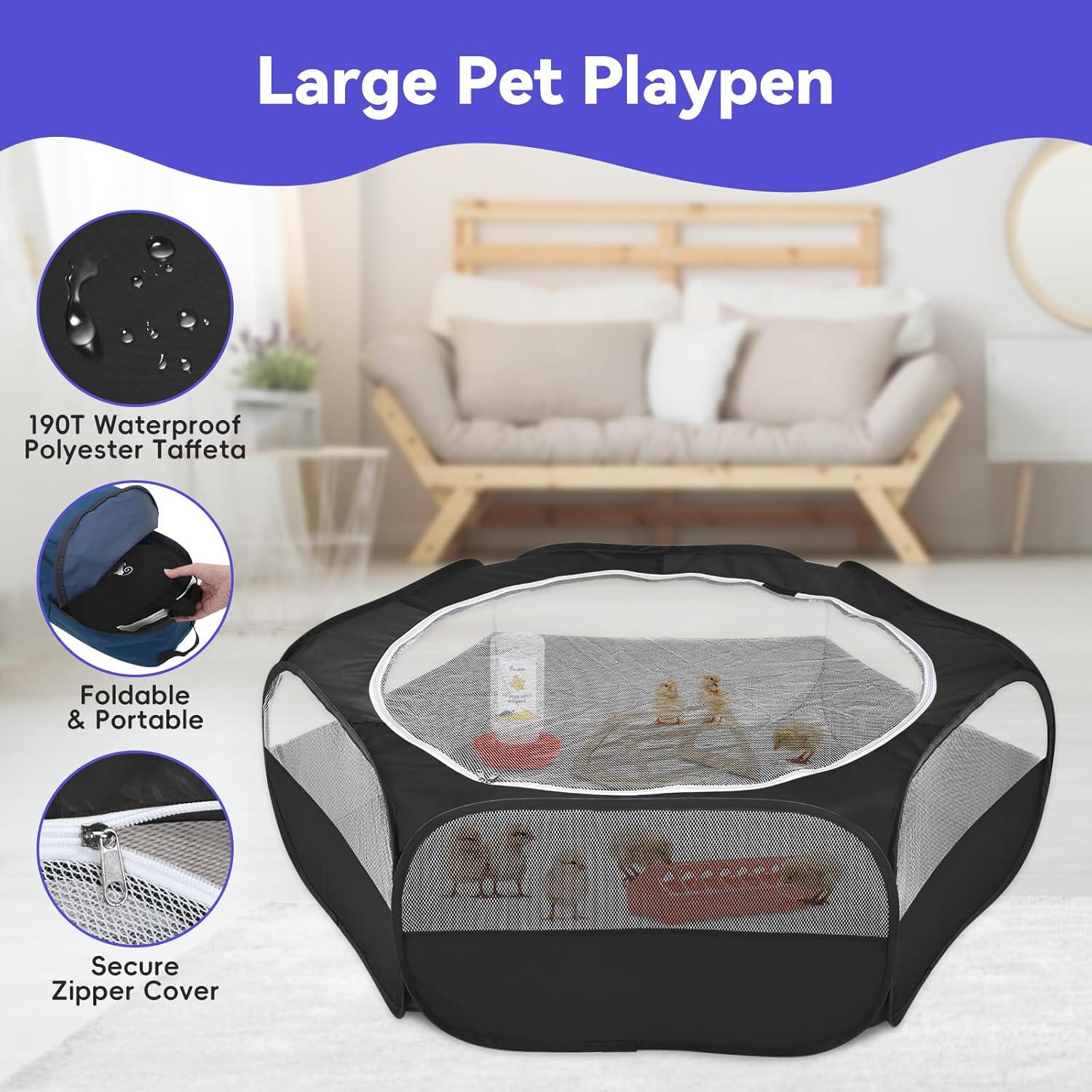 Pawaboo 5-in-1 Chicken Brooder Box for Chick Starter Kit, Includes Pet Cage Tent, Chicks Perch, Chicks Feeder, 1.1L Chick Waterer, Baby Chicken Supplies (Brooder Set), Black