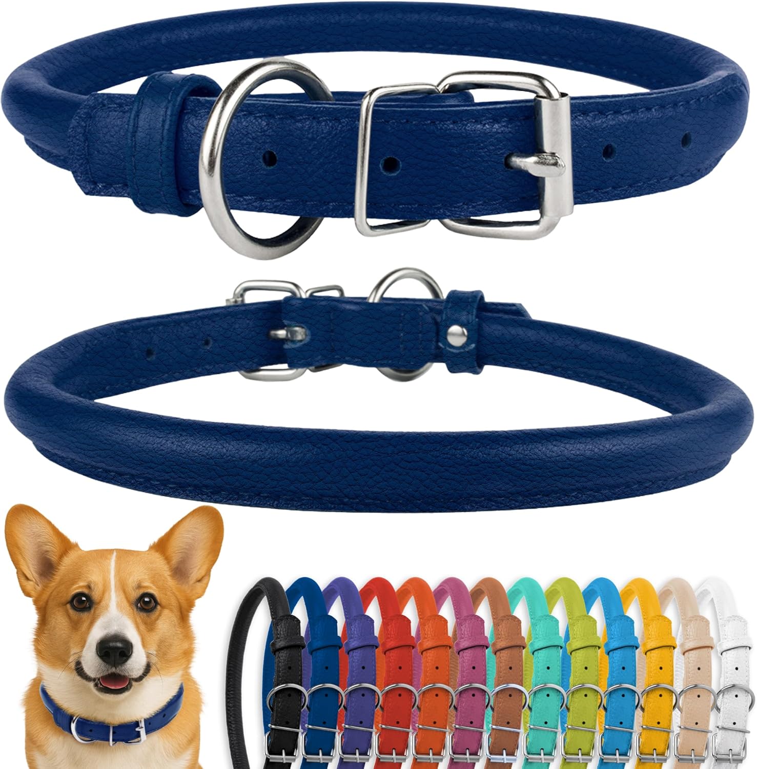 CollarDirect Rolled Leather Dog Collar, Soft Padded Round Puppy Collar, Handmade Genuine Leather Collar Dog Small Large Cat Collars 13 Colors (13-16 Inch, Deep Blue Textured)