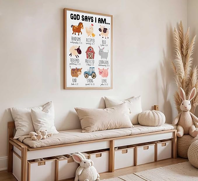 Framed Christian Nursery Canvas Wall Art God Says I Am Inspirational Bible Verses Farm Animals Painting Pictures Wall Decor Posters Prints Artwork For Kids Girls Bedroom Playroom Baby Room