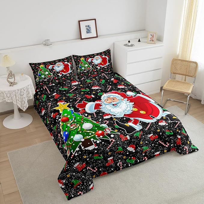 Feelyou Merry Christmas King Size Comforter Set Santa Claus Christmas Tree Galaxy Red Black Bedding Quilt for Girls Boys Kids 1 Comforter + 2 Pillow Cases