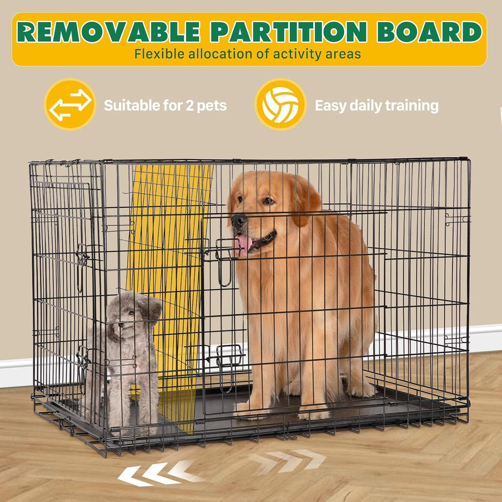 DUMOS Dog Crate with Double Doors, Metal Foldable Pet Cage with Divider Panel and Removable Tray, Portable Large Kennel for Outdoor Indoor with Handle, Black, 42 Inch