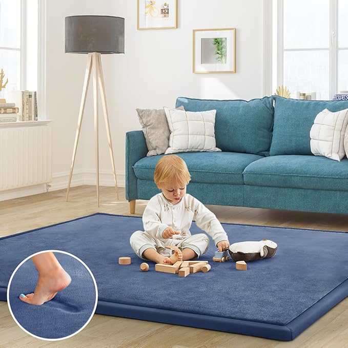 Baby Play Mat for Floor Tummy Time Mat Nursery Muscle Area Rug Playroom Rug Tatami 59"*71" Memory Foam 1.3" Thick Crawling For Babies,Toddlers, Infants, Kids,Floor(Blue)