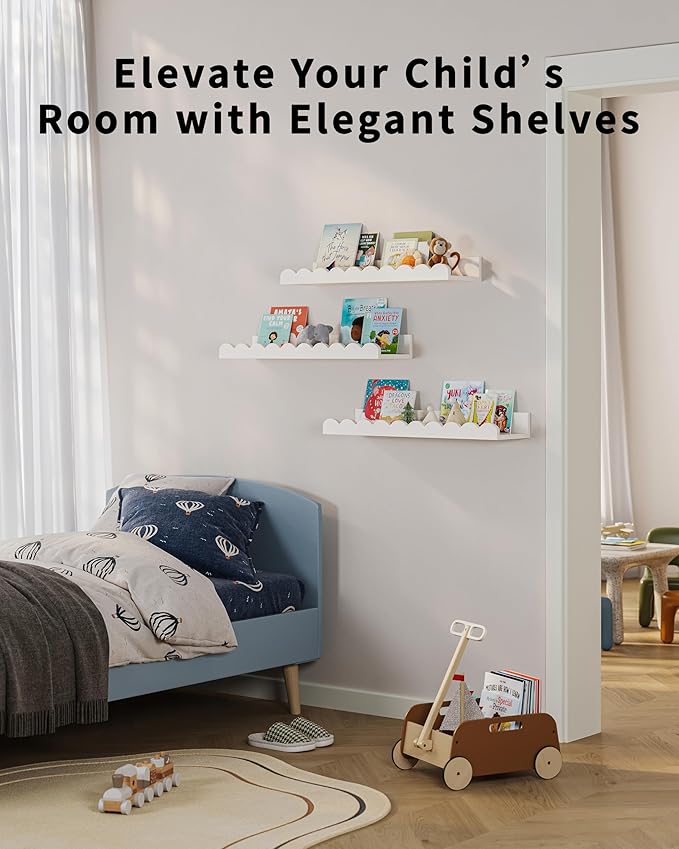 G&W Gruwald Nursery Book Shelves, Set of 3, Nursery Decor for Baby and Toddler, Scalloped Shelves, Book Shelf for Kids Rooms, Wall Book Shelf for Bedroom Kids
