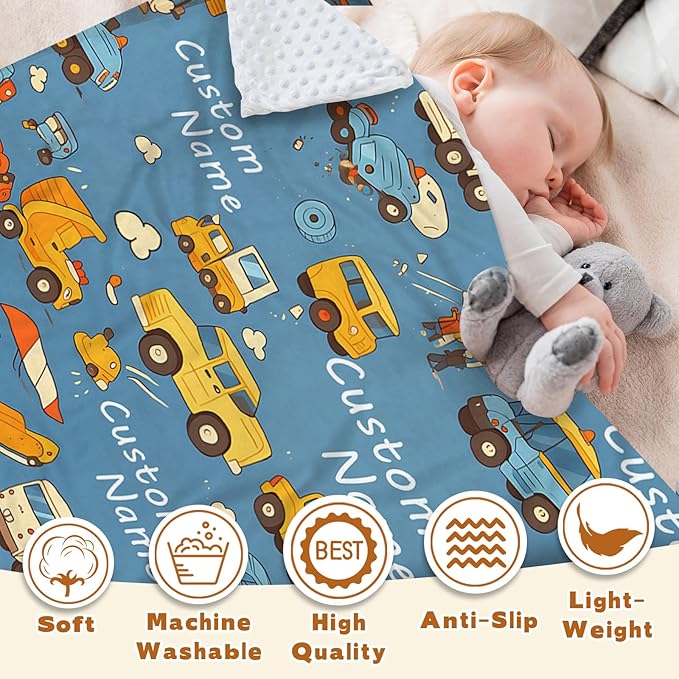 Custom Baby Blanket - Cartoon Cars Design Personalized Name Blanket, Soft Flannel Dot Infant Toddler Blanket for Boys, Customizable Nursery Bedding (60" x80)