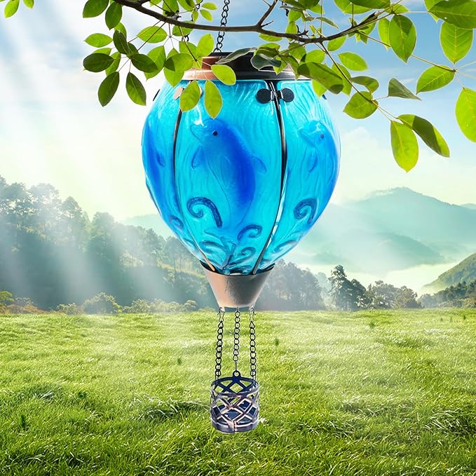 Glass Solar Hot Air Balloon Lantern with Flame Hanging Garden Flickering Light Outdoor Waterproof for Yard Patio Tree Mother's Day Gift, Dolphin