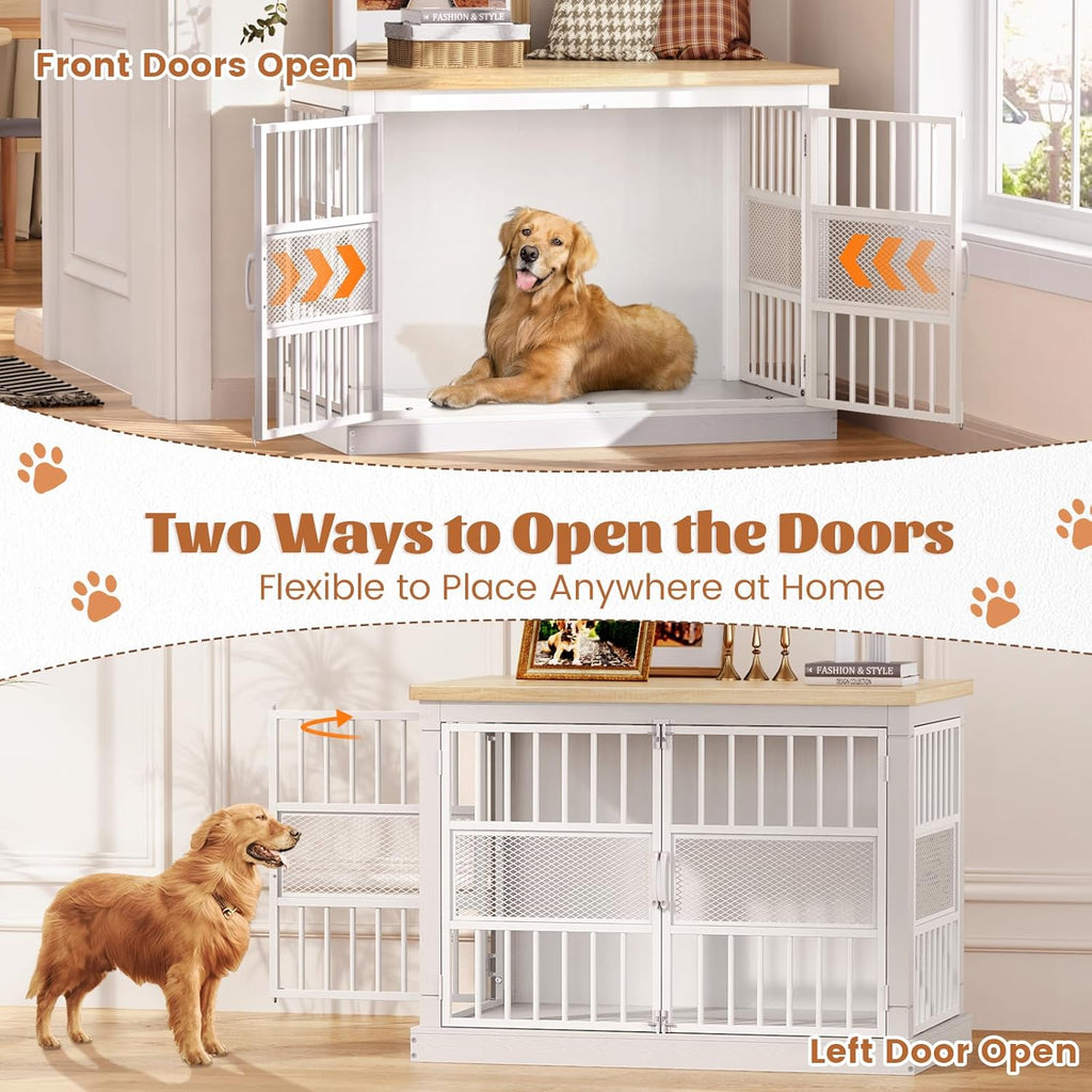 VOPEAK Dog Crate Furniture, Chew Resistant Dog Crate for Dogs, Heavy Duty Dog Crates Dog Kennel Cage Indoor with Double Doors, End Table for Bedroom Living Room (White, 40.9" L x 23.6" W x 30.7" H)