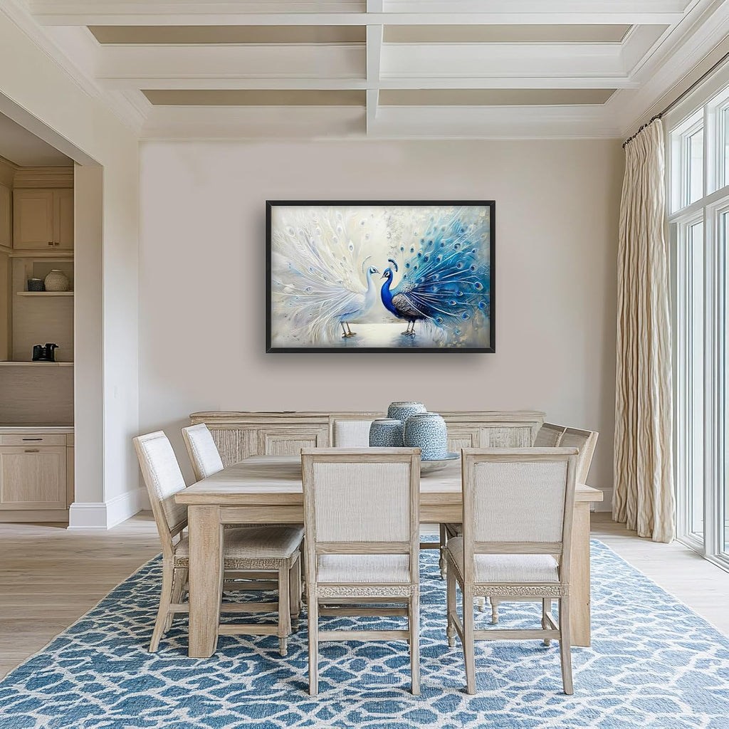 Quorin Peacock Large Wall Art Blue and White Pictures Elegant Animal Wall Decor Canvas Print Painting Artwork for Bathroom Living Room Bedroom 36L x 24W