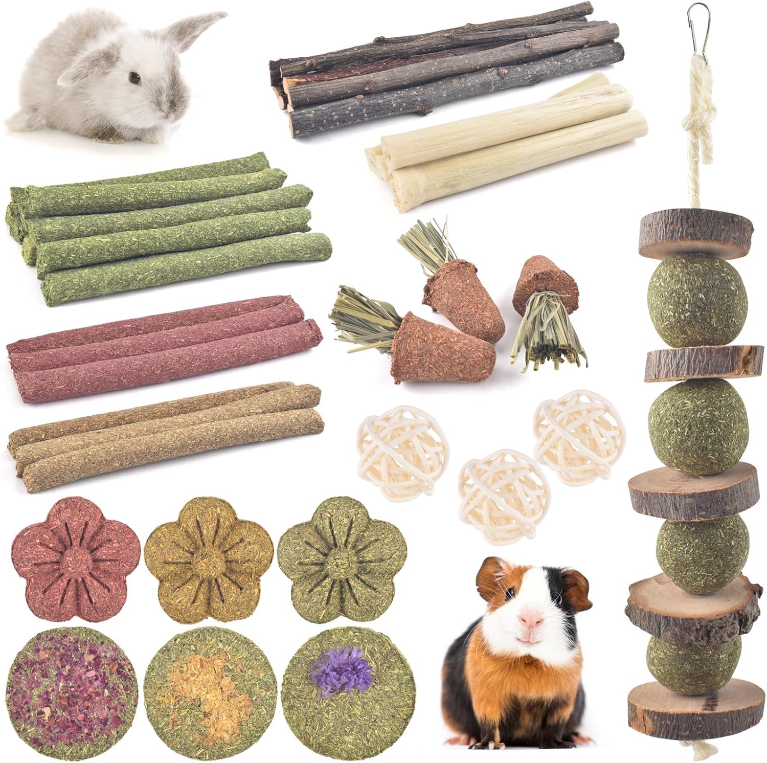 ERKOON Bunny Toys Boredom, 42 PCS Bunnies Timothy Hay Sticks Carrots Rose Grass Cake Dental Care, Molar, Chinchillas Toy Chew Toy, Guinea Pigs, Hamsters, Chinchilla, Rabbit Chew Toys for Teeth