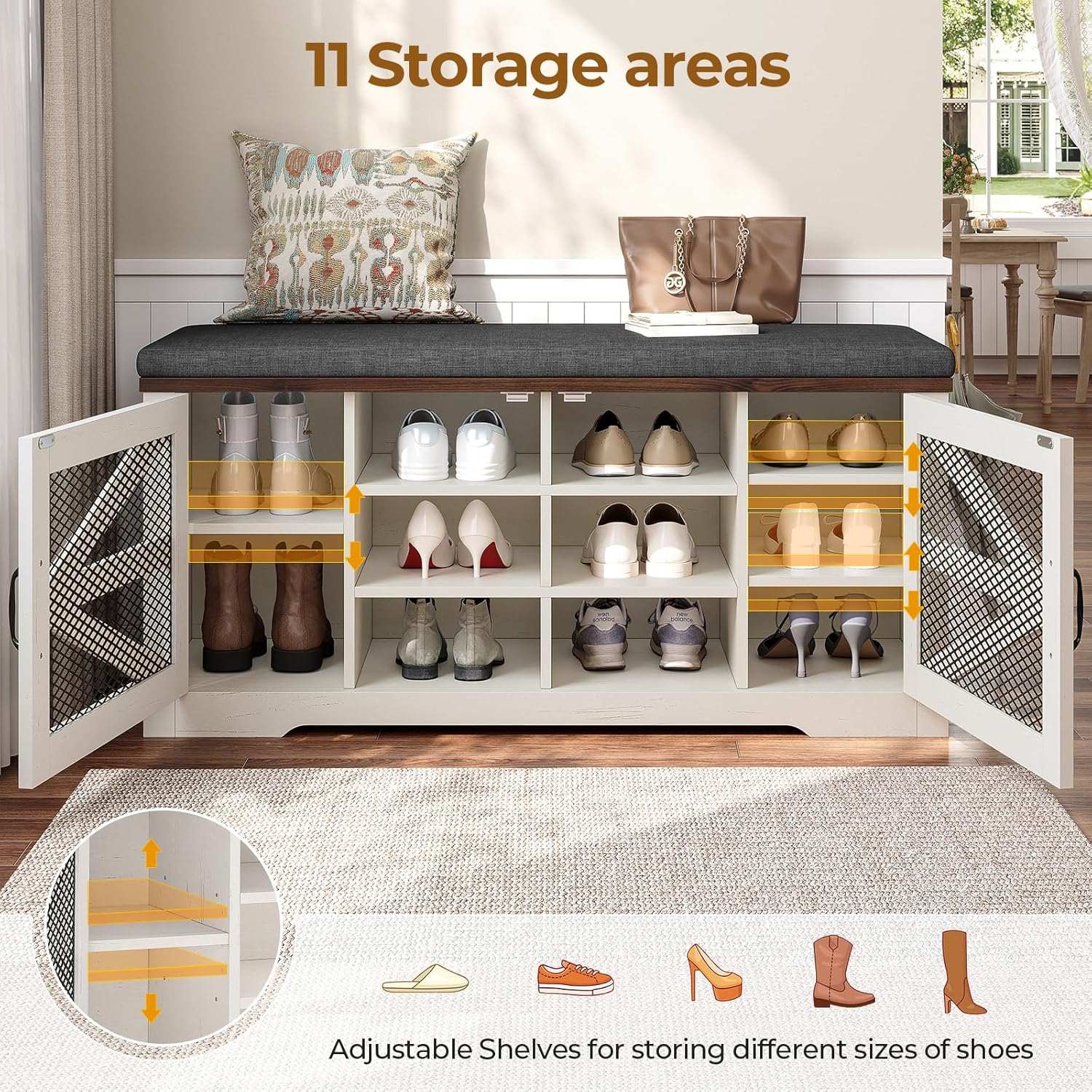 Farmhouse Storage Bench with Cushion, Metal and Wood Shoe Rack Organizer, Adjustable Shelf, Shoe Cabinet with Half Hidden Storage Space, for Entryway, Bedroom, Living Room (Old White, 43.3in)
