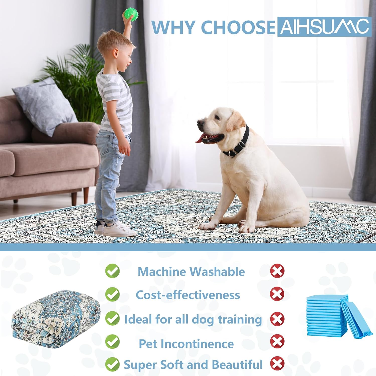 Extra Large Washable Pee Pads for Dogs (72"x72"), Upgrade Reusable Puppy Pads with Non-Slip Rug Pad, Super Thickening Absorbent Leakproof Dog Traning Pads Whelping Pad for Dogs, Doggie