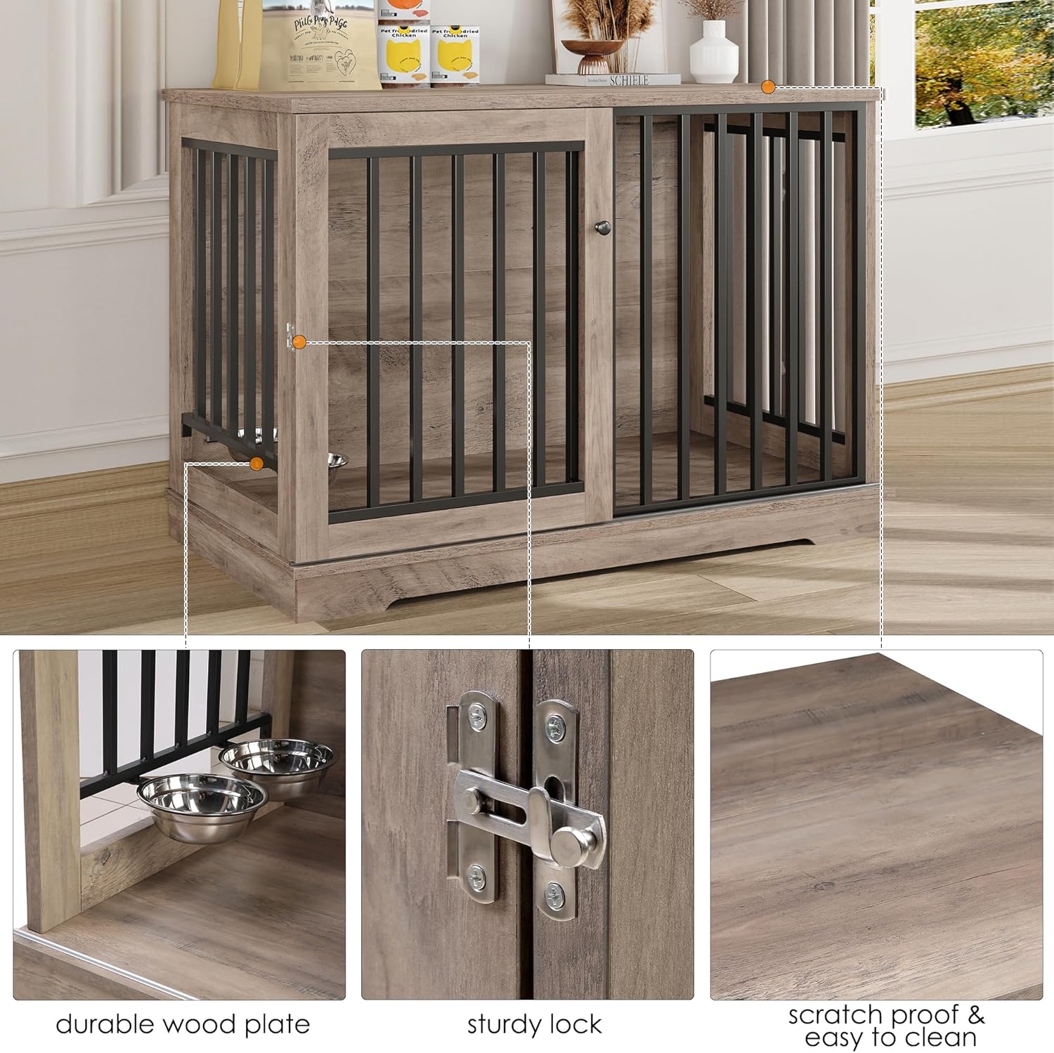 Dog Crate Furniture 47” Large Dog Kennel for Dogs Indoor, Heavy Duty Dog Cage with Sliding Door and 2 SUS Bowls Wooden End Table in Living Room for Small Medium Large Dogs, Rustic