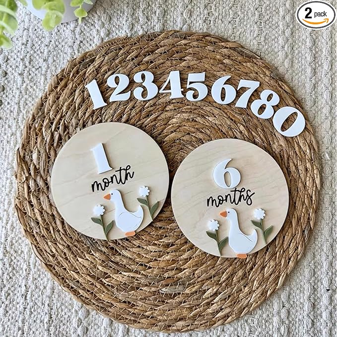 Baby Monthly Milestone Wooden Sign with Numbers and Stand – Natural Wood Milestone Board for Newborn Monthly Growth Photos – Cute 3D Flowers Photo Prop for Baby Milestone Memories (Goose)