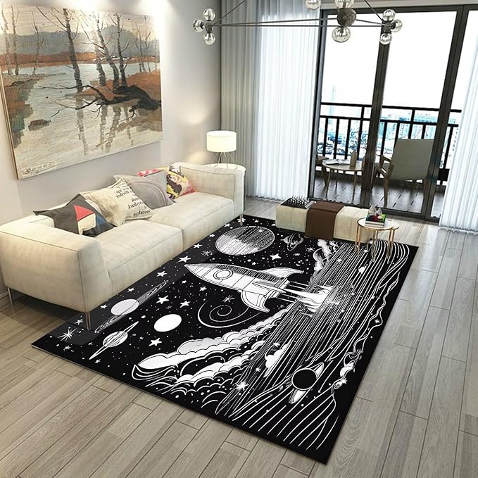 Space Rug for Kids Room Black and White Rocket Rugs Stars Carpet Galaxy Planet Printed Throw Rugs for Boys Children Bedroom Living Room,39 in x 79 in