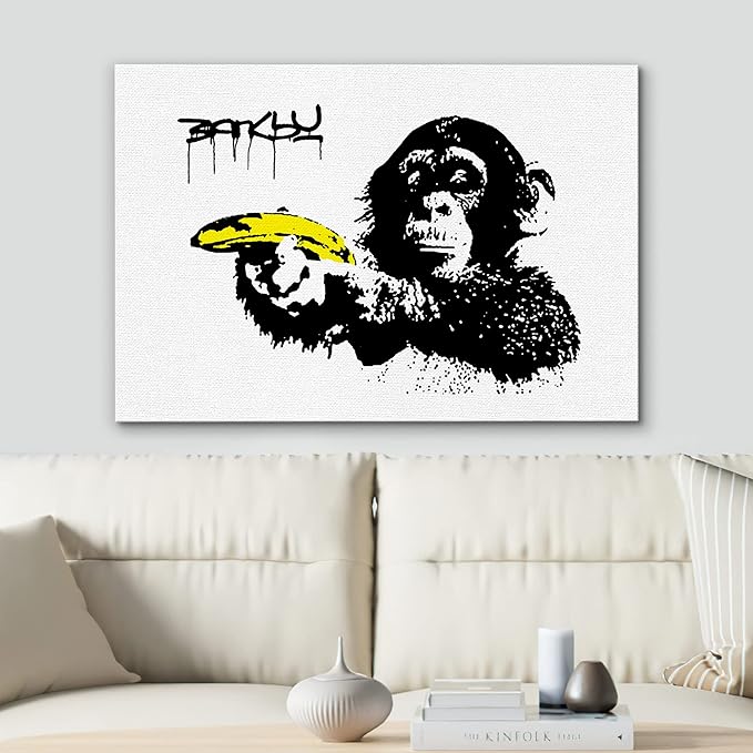 SIGNWIN Framed Canvas Wall Art Banksy Monkey with Banana Print Graffiti & Street Art Famous People Pop Art Modern Urban Multicolor for Living Room, Bedroom, Office - 24x36 inches