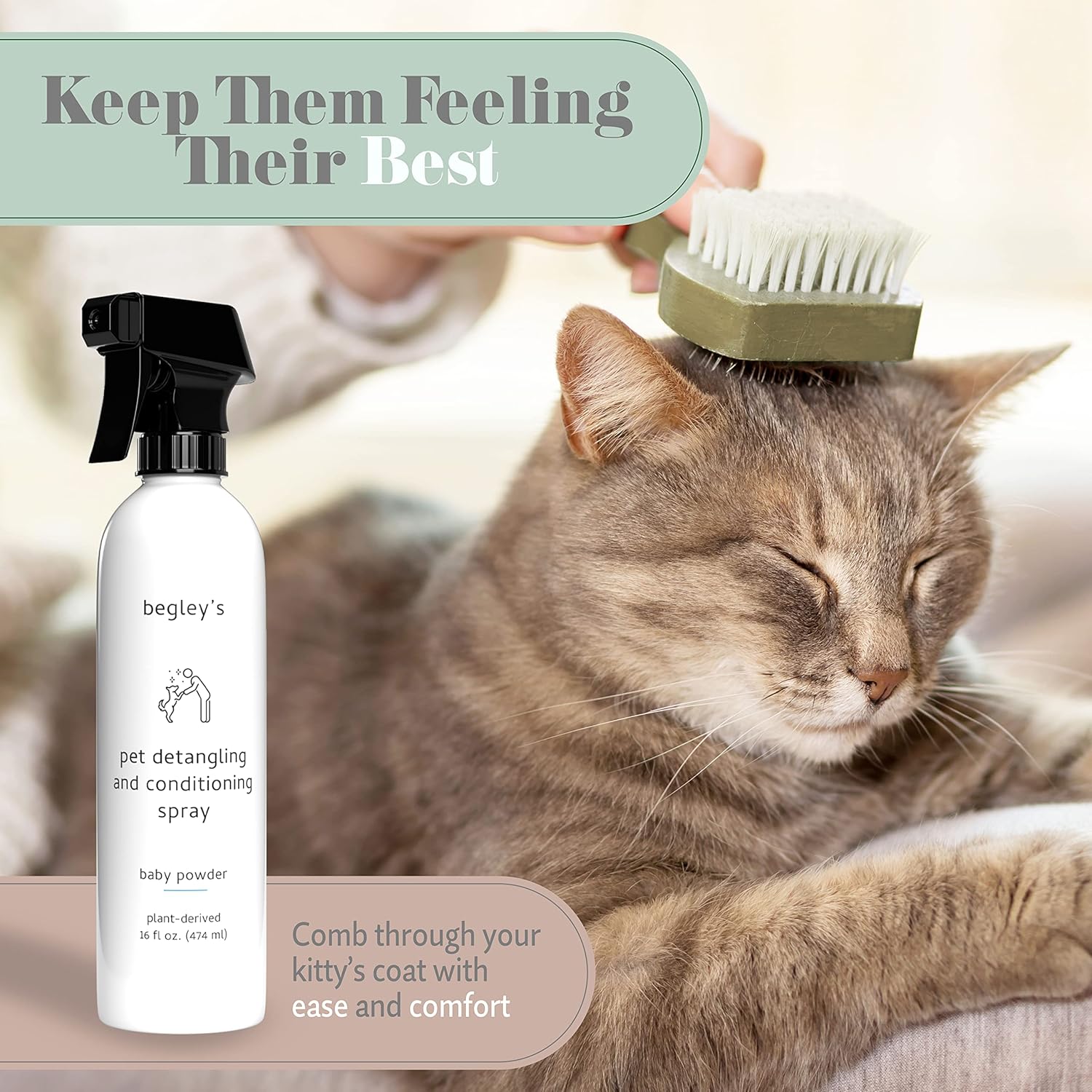 Begley's Pet Detangling Spray - Premium Essential Oil Scented Detangler Spray for Dogs, Puppies & Cats - Dog Leave in Conditioner Spray - Dematting Spray for Dogs & Pets - 16 oz, Baby Powder