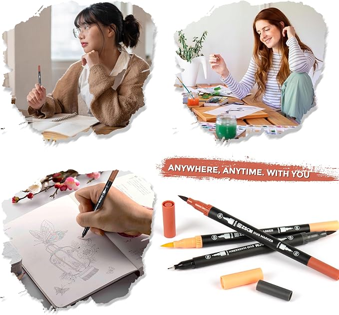 Skin Tone Duo Tip Marker Pens, 12 Pack Fine & Brush Markers for Adult Coloring Books No Bleeding, Watercolor Skin Tone Markers for Hair and Portrait Sketch Drawing Lettering Writing Calligraphy