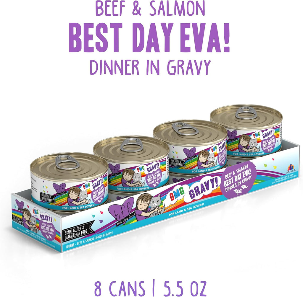 Weruva B.F.F. OMG - Best Feline Friend Oh My Gravy!, Best Day Eva! with Beef & Salmon in Gravy Cat Food, 5.5oz Can (Pack of 8)