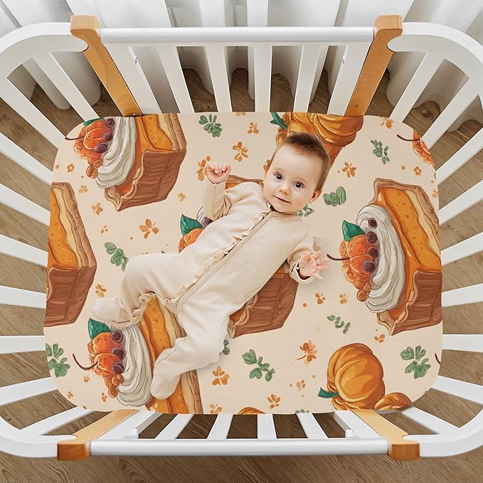 Thanksgiving Fall Pumpkins Pies Crib Sheets Soft Breathable Fitted Baby Crib Sheets Mattress Cover for Girls Boys, 52" x 28" x 9"