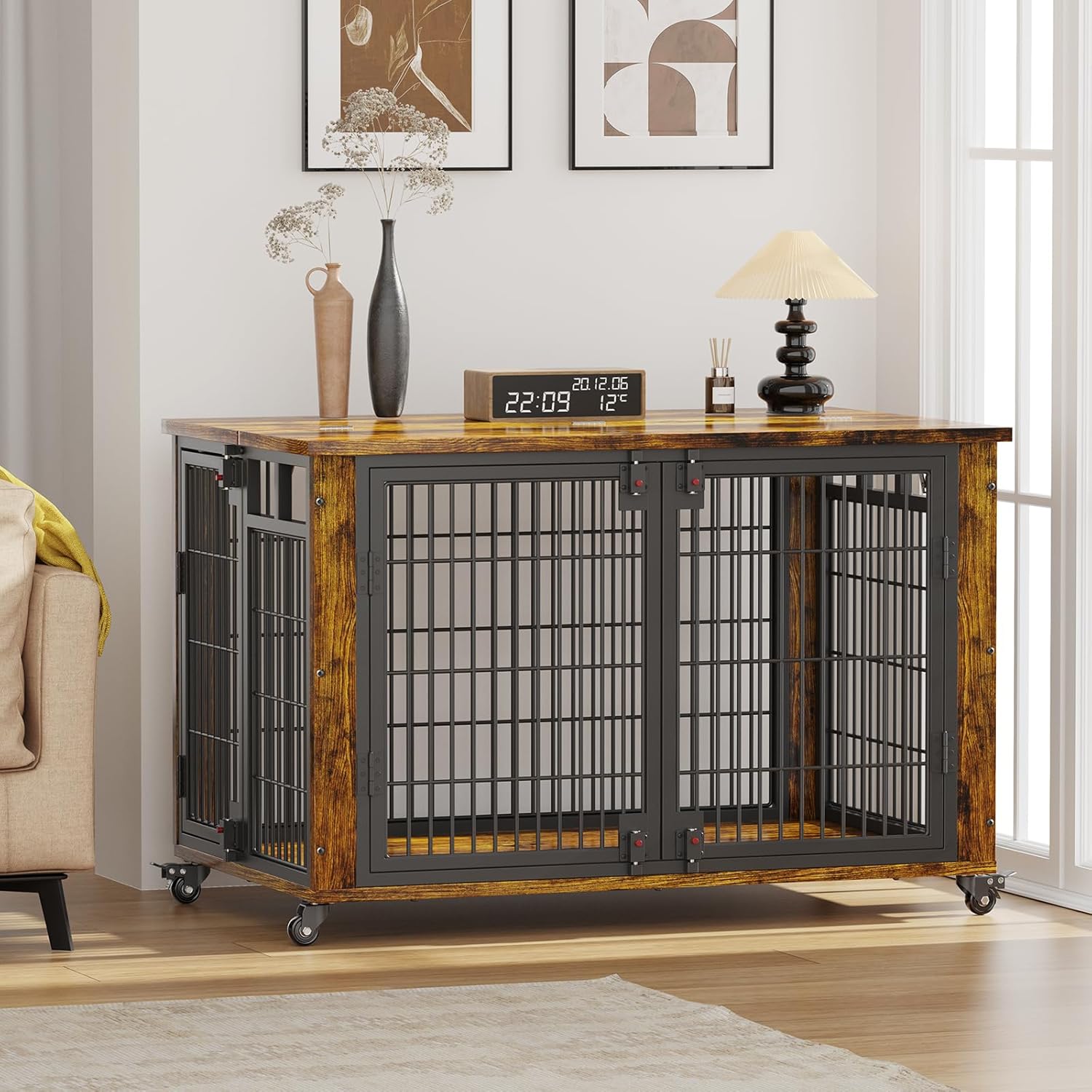 EasyCom 41" for Training Moveable XL Dog Crate, Large Dog Crate Furniture with Top-Access Teasing/Feeding Doors, Chew-Resistant Dog Kennel Indoor Furniture for Medium and Large Dogs