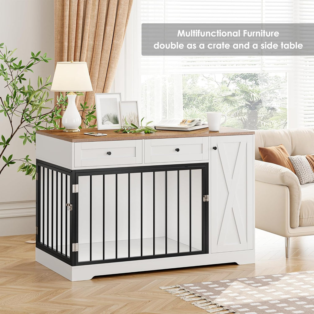 Dog Crate Furniture Kennel with Double Doors Wooden Pet House with 2 Drawers and Storage Cabinet, Indoor Dog Cage Farmhouse Modern Side End Table for Small Medium Dogs, White