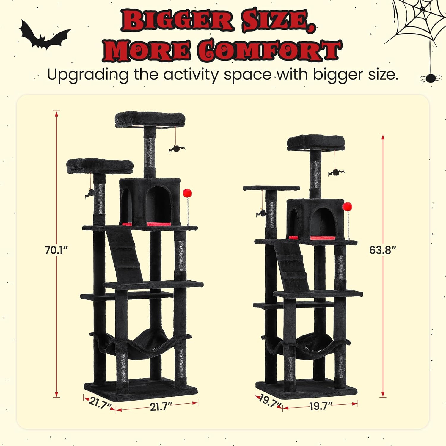 MWPO Gothic Large Cat Tree, 70.1-Inch Multi-Level Tall Cat Tower for Indoor Cats, Plush Cat Condo with Big Padded Perches, Sisal-Covered Scratching Posts, Hammock, Toys for Kittens & Cats, Black