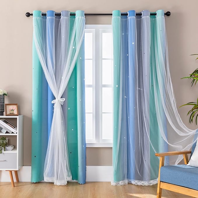 XiDi Curtains for Girls Bedroom Kids Room Unicorn Princess Theme Home Decor Room Darkening Grommet Window Curtains 63 Inches Length Blue Green Grey, W34 X L63 2 Panels