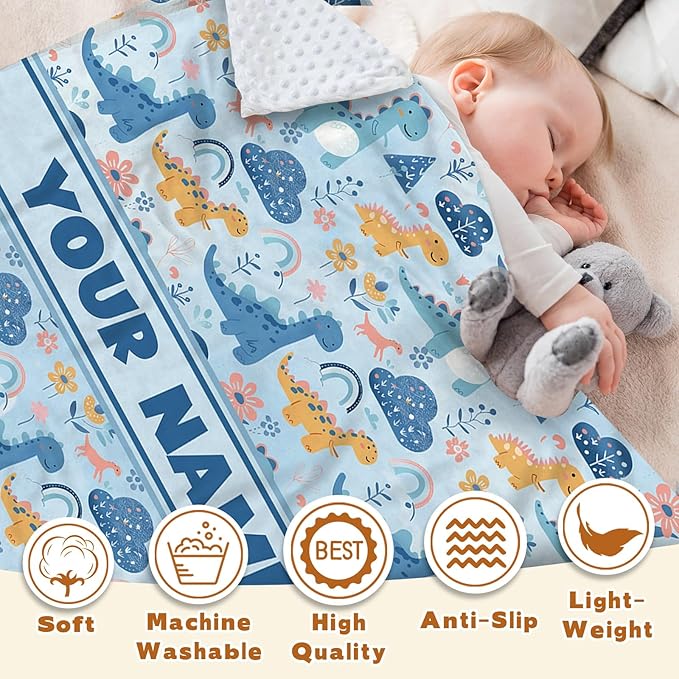 Personalized Baby Blankets for Boys Girls, Custom Baby Blanket with Name, Receiving Swaddle Blanket Suitable for Infants & Toddler, Nursery Newborn Baby Crib, Dino(47" x60)