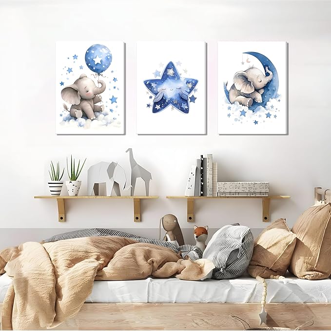 Baby Boy Nursery Canvas Wall Art Set of 3, Blue Elephant Moon and Stars Picture Wall Decor Painting, Cute Animal Baby Girl Nursery Posters Prints for Kids Room Bedroom 12x16 In Framed