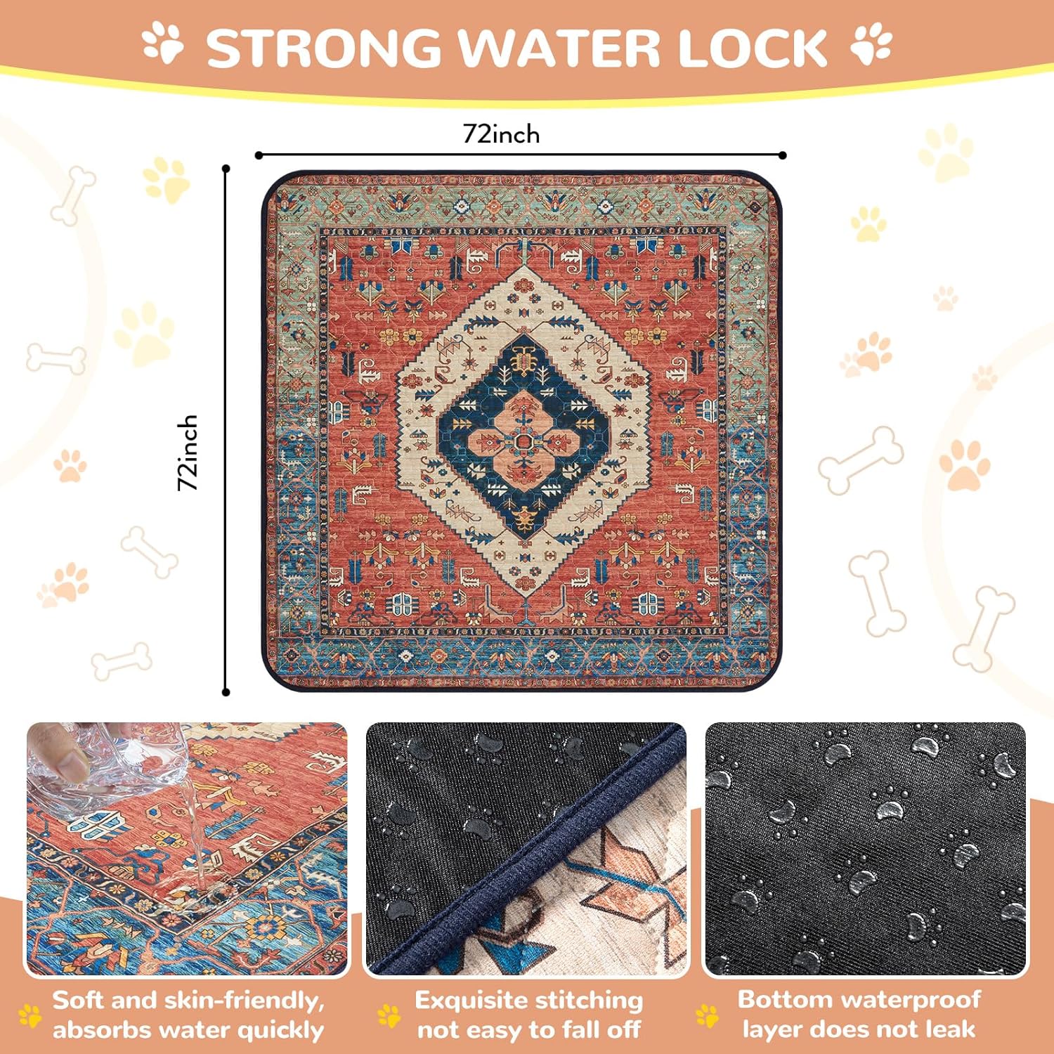 Lahome Extra-Large Washable Dog Pee Pads (72"x72") - Super Absorbent & Waterproof - Leakproof Reusable Mat for Playpens, Beds & Whelping, Convenient Cleanup,Red