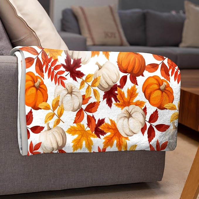 Fall Throw Blanket - Pumpkin Maple Leaf Autumn Blanket - Thanksgiving Fall Decor Gift - Ultra Plush Cozy Lightweight Thanksgiving Pumpkin Blanket for Sofa,Bed,Couch - 60"x80"-Adults/Twin Size