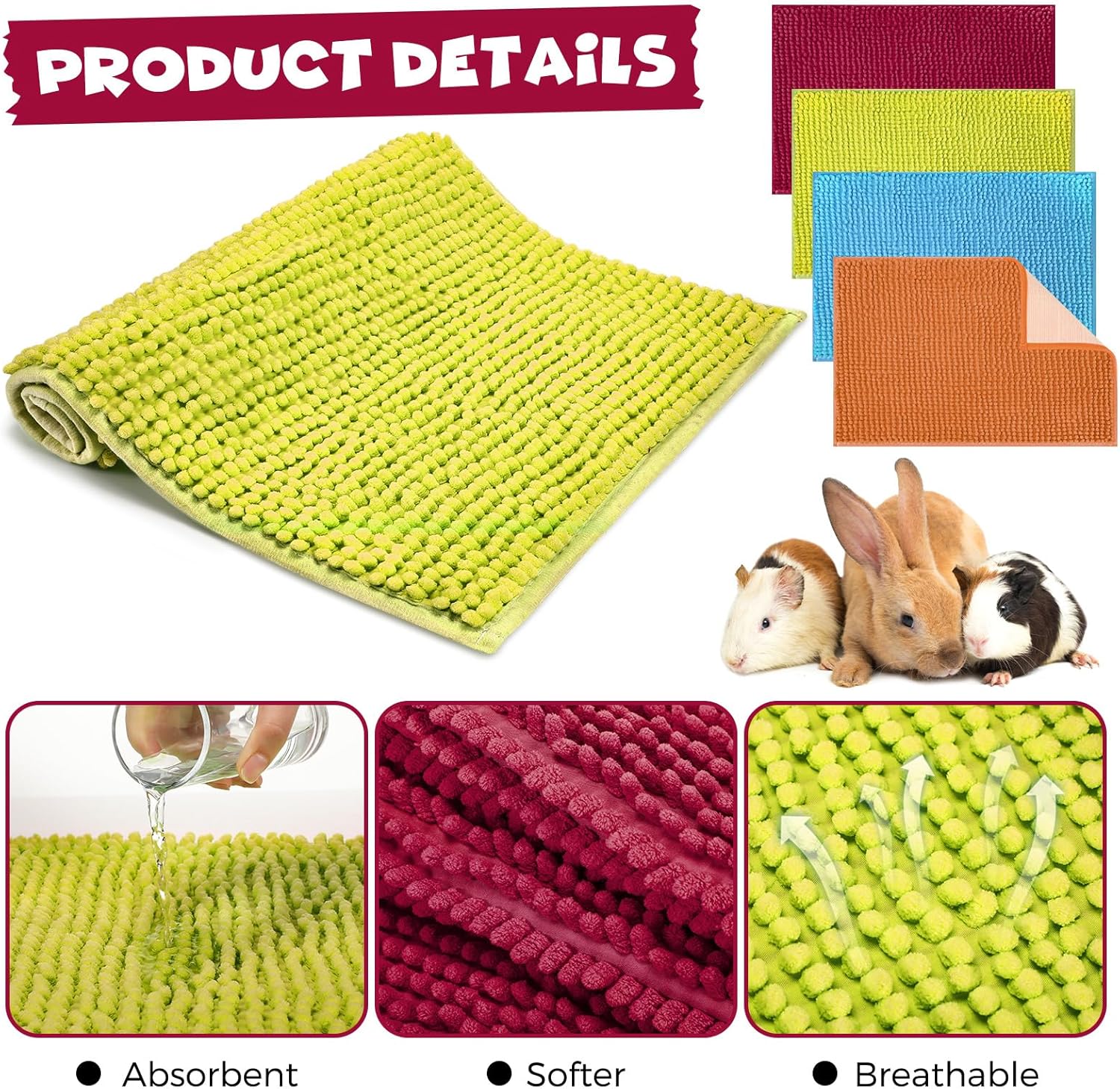 Barydat 8 Pcs Guinea Pig Cage Liner for Guinea Pig Cage Bedding Reusable Rabbit Mat Pad Washable Training Pad Animal Sleeping Bedding Mat(24x16'',Champagne, Lake Blue, Dark Purple, Grass Green)