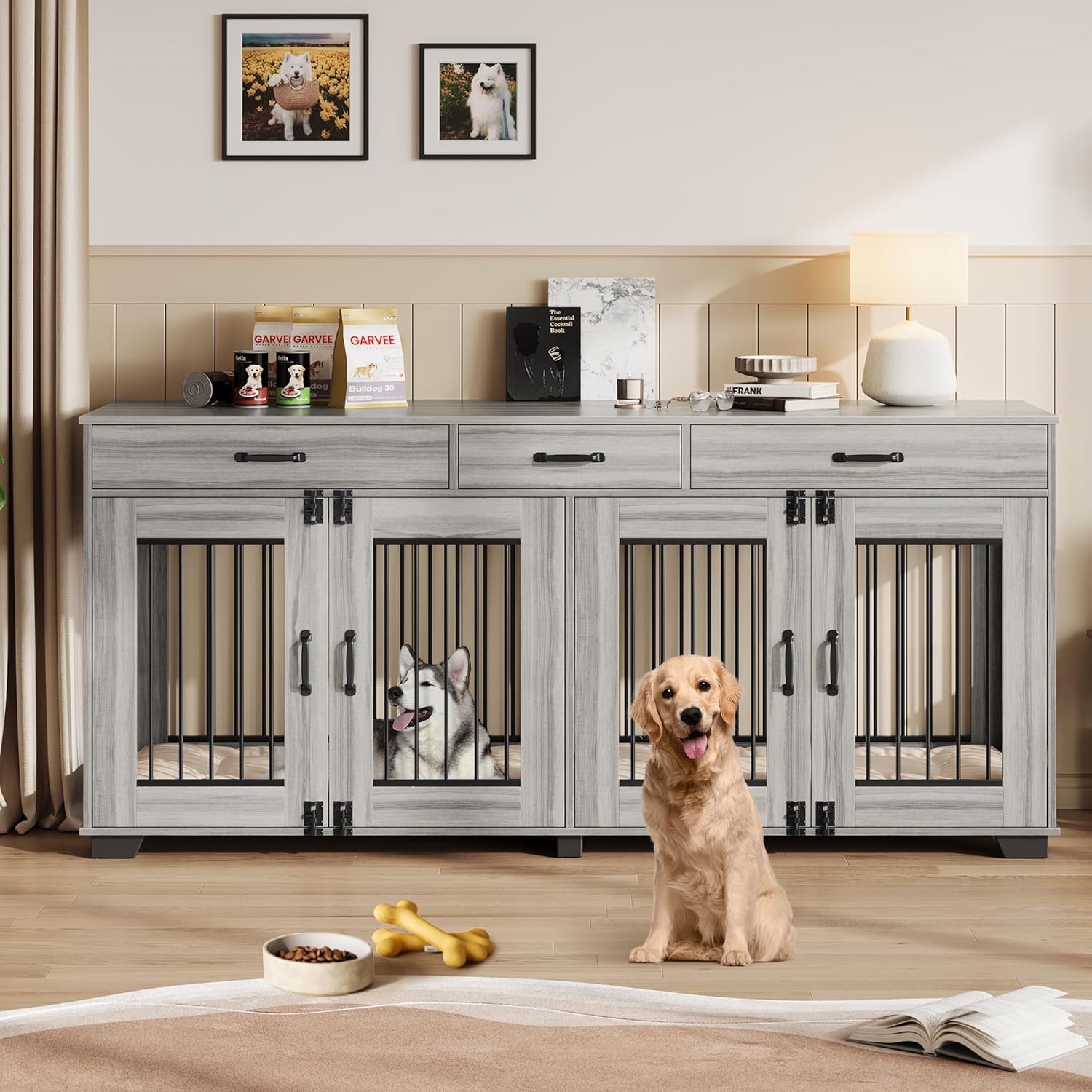 71 Inch Dog Crate Furniture for 2 Rooms, Wooden Double Crate Large Breed with Door, Dog Kennel Indoor, TV Stand End Table with Divider for Large Medium Dogs,Grey
