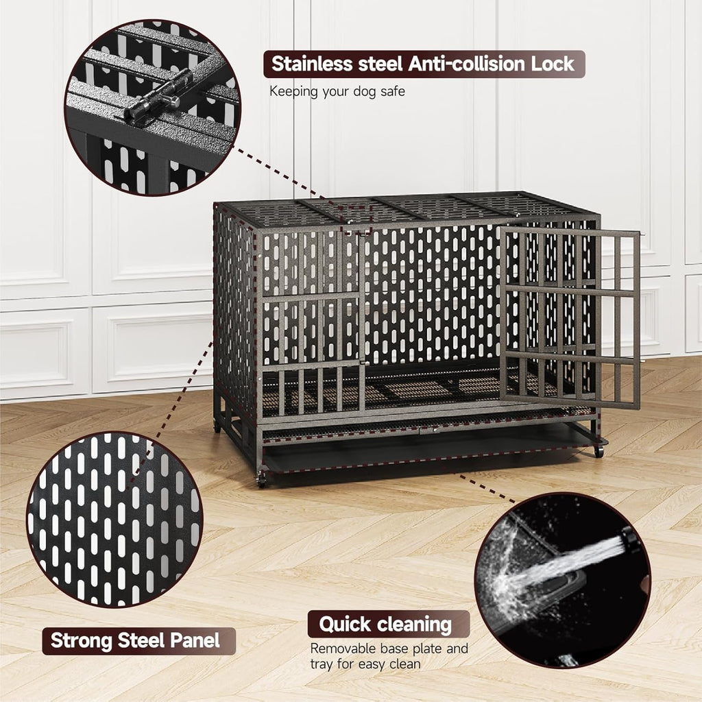 48/42 Inch Heavy Duty Indestructible Dog Crate Steel Escape Proof, Indoor Double Door High Anxiety Cage, Kennel with Wheels, Removable Tray, Extra Large XL XXL