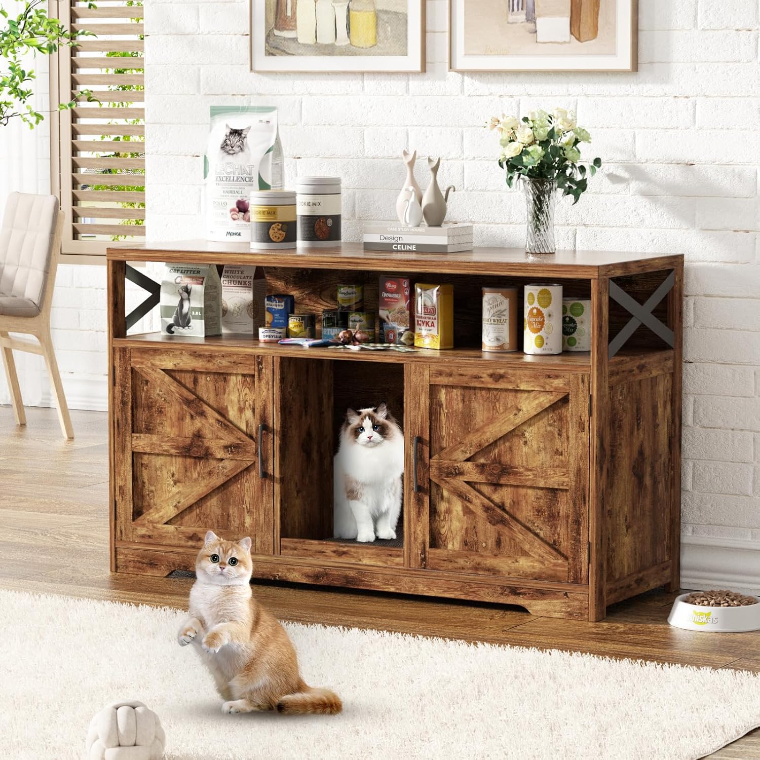 Cat Litter Box Enclosure for 2 Cats, 47" Double Hidden Litter Box Furniture with Scratch Pad, Farmhouse Indoor Litter Box Cabinet Cat Washroom, Rustic Brown