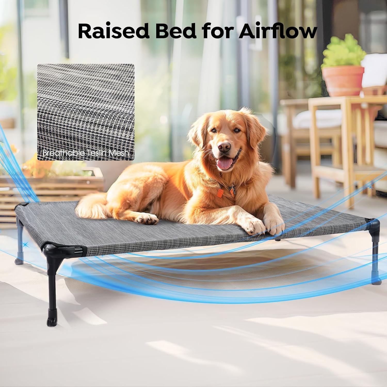 Veehoo Cooling Elevated Dog Bed Add Removable Waterproof Bolster Cushion Mat, Raised Pet Cot with Breathable Teslin Mesh, No-Slip Feet, Dog Couch Bed for Indoor Outdoor, Large, Black Silver