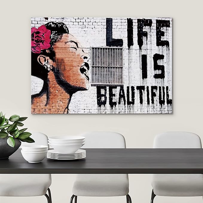 SIGNWIN Framed Canvas Wall Art Banksy Life is Beautiful Billie Holiday Graffiti & Street Art Famous People Pop Art Modern Urban Multicolor for Living Room, Bedroom, Office - 32x48 inches