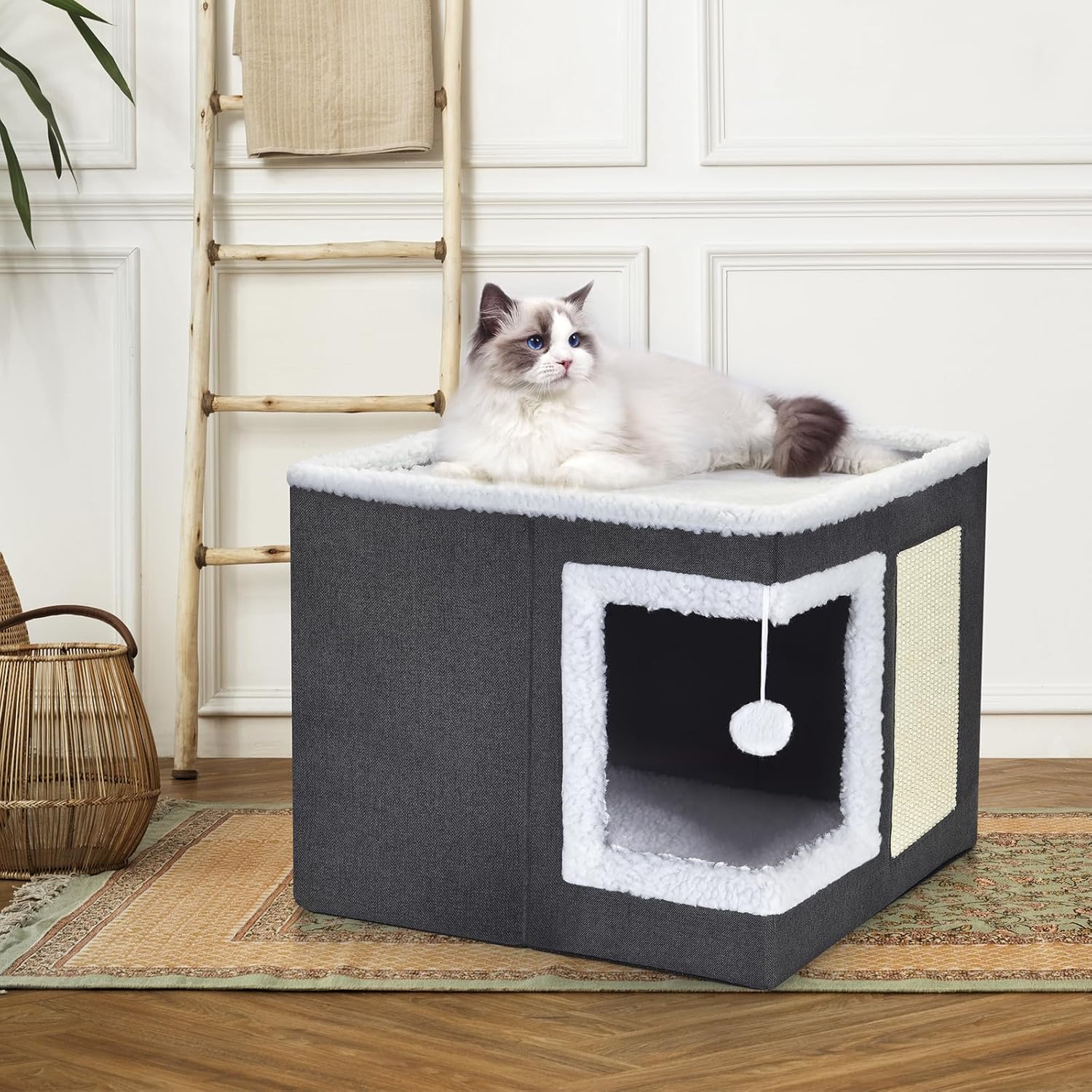 petizer Cat Bed for Indoor Cats, Large Covered Cat House with Scratch Pad, Foldable Cat Cave Bed & Hideaway Cube with Reversible Cushions, Cute Cat Condo for Multi Small Pet Kitten (Blue)