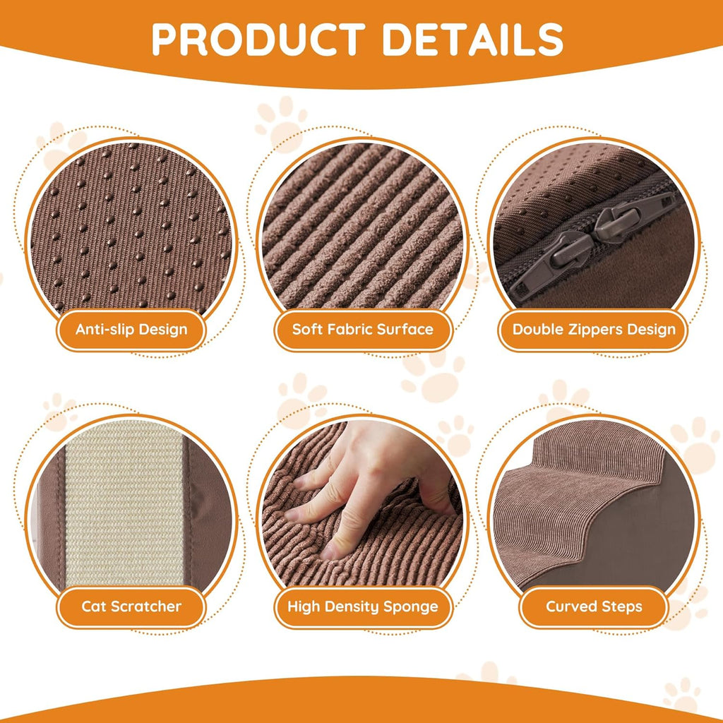 Pet Stairs, Dog Stairs for Small Dogs, Dogs Steps, 3-Step Curved Dog Ramp for Bed, Couch, Sofa, Car and Chair, Non-Slip Bottom Design, Cat Scratching Board, High Density Foam Portable Pet Step, Coffee