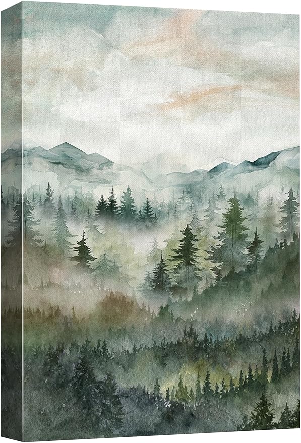 SIGNWIN Canvas Print Wall Art Misty Forest Landscape Watercolor Serene Mountain Pine Trees in Fog Illustrations Modern Art Decorative Landscape for Living Room, Bedroom, Office - 16"x24"