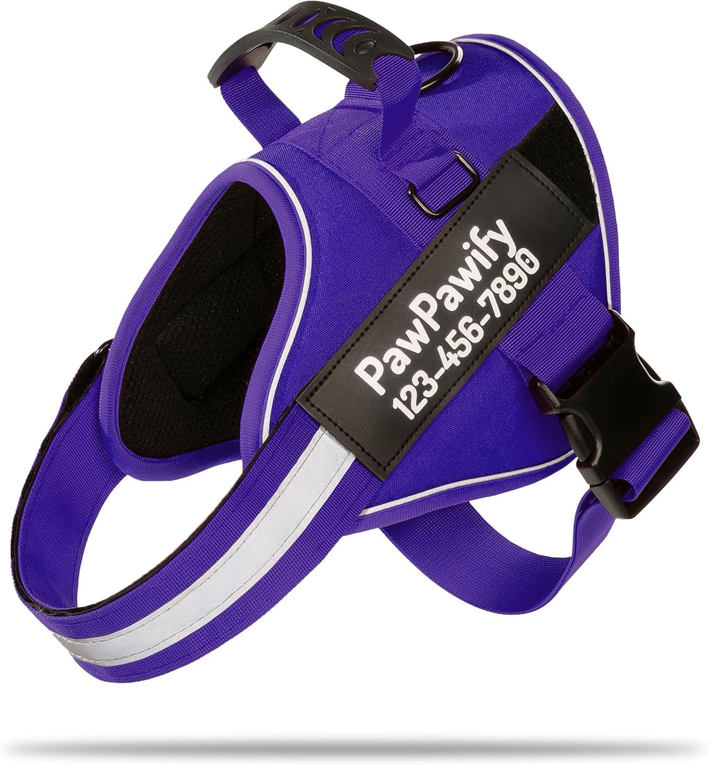 PawPawify Custom No Pull Dog Harness with Name and Phone Number, Heavy Duty Personalized Pet Vest to Prevent Tugging, Pulling, or Choking, Training and Walking (New Purple, XS (5-9LBS))