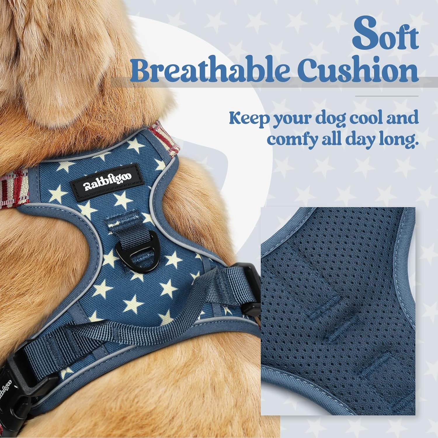 rabbitgoo Dog Harness No Pull with 2 Leash Clips, Adjustable Soft Padded, Reflective Oxford No Choke Pet Vest with Easy Control Handle for Large Dogs, Blue Star, S