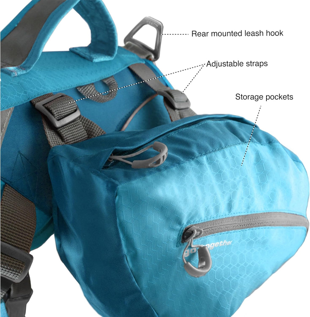 Kurgo Big Baxter Dog Backpack, Dog Saddlebag Pack for Pets, Adjustable Saddlebag for Hiking, Walking, Running, Camping, Coastal Blue